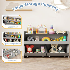 Kids Toy Storage Organizer Wooden Bookcase with 2 Movable Drawers-Gray