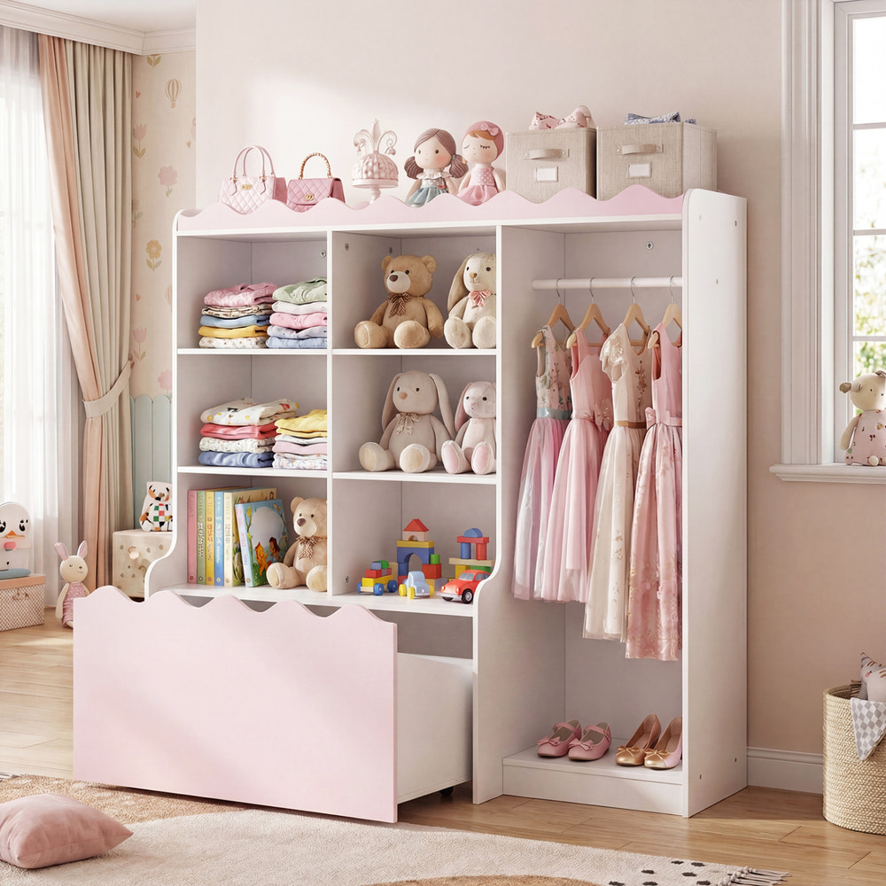 Kids Toy Storage Organizer Children Dress up Closet Wardrobe with Clothing Rack-Pink