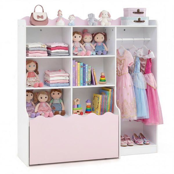 Kids Toy Storage Organizer Children Dress up Closet Wardrobe with Clothing Rack-Pink