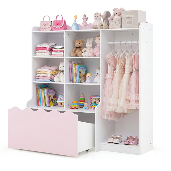 Kids Toy Storage Organizer Children Dress up Closet Wardrobe with Clothing Rack-Pink