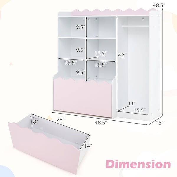Kids Toy Storage Organizer Children Dress up Closet Wardrobe with Clothing Rack-Pink
