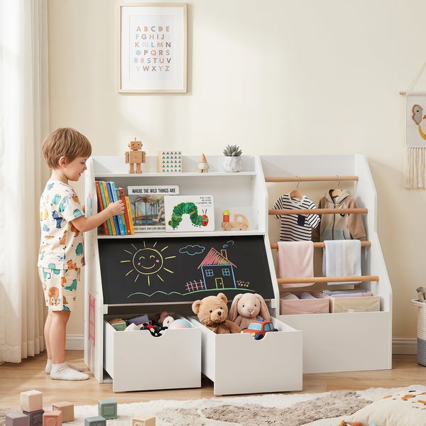 Kids Toy Storage Organizer with Flip-up Blackboard-White