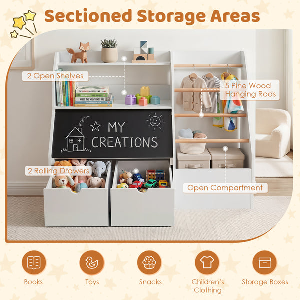Kids Toy Storage Organizer with Flip-up Blackboard-White