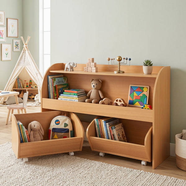 Kids Toy Storage Organizer with 2 Rolling Drawers & 3-Tier Bookshelf for Playroom