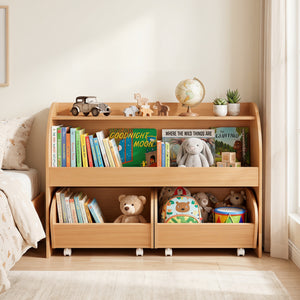 Kids Toy Storage Organizer with 2 Rolling Drawers & 3-Tier Bookshelf for Playroom