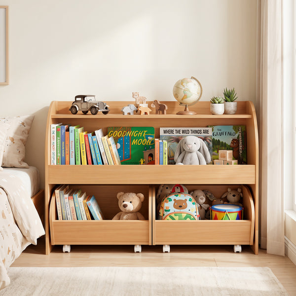Kids Toy Storage Organizer with 2 Rolling Drawers & 3-Tier Bookshelf for Playroom