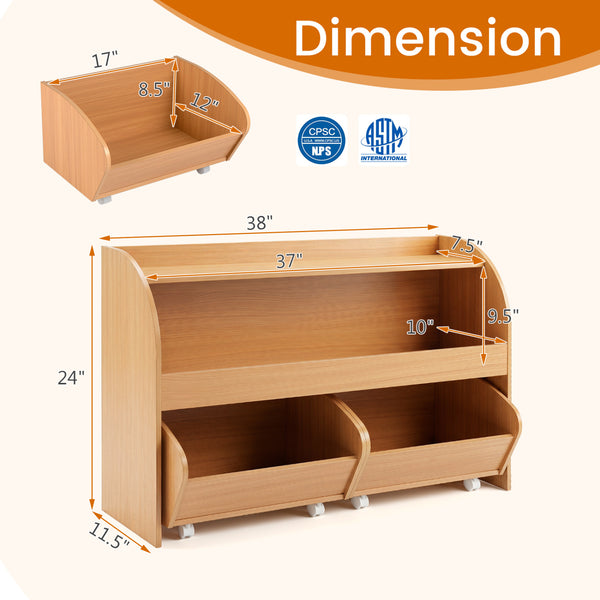 Kids Toy Storage Organizer with 2 Rolling Drawers & 3-Tier Bookshelf for Playroom