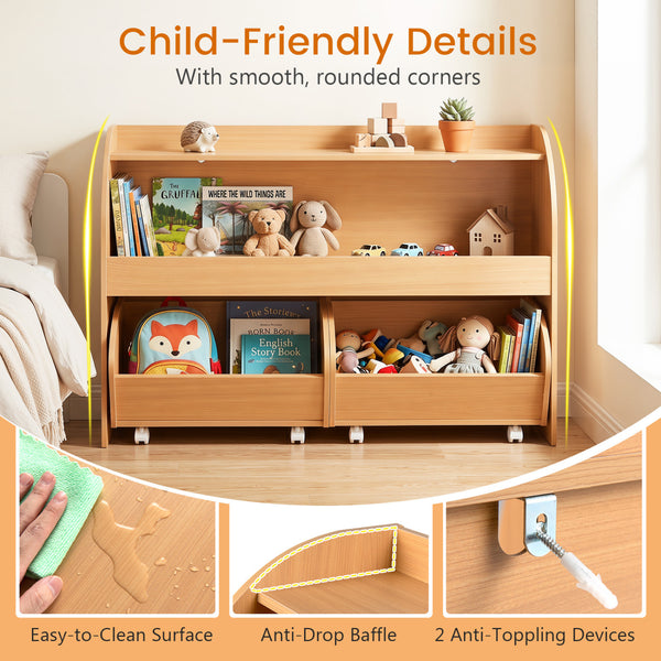 Kids Toy Storage Organizer with 2 Rolling Drawers & 3-Tier Bookshelf for Playroom