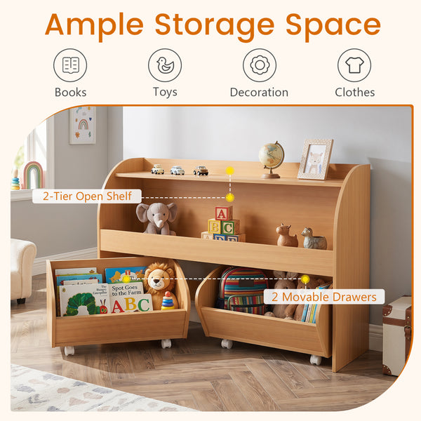 Kids Toy Storage Organizer with 2 Rolling Drawers & 3-Tier Bookshelf for Playroom