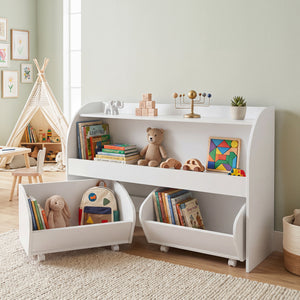 Kids Toy Storage Organizer with 2 Rolling Drawers & 3-Tier Bookshelf for Playroom
