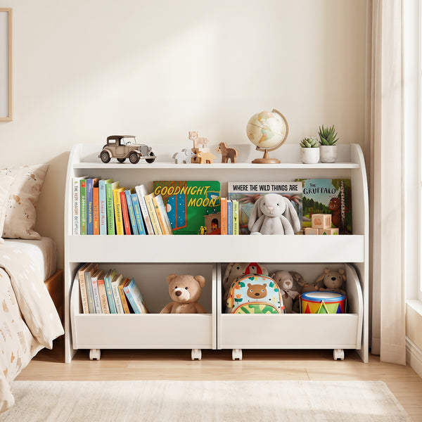 Kids Toy Storage Organizer with 2 Rolling Drawers & 3-Tier Bookshelf for Playroom