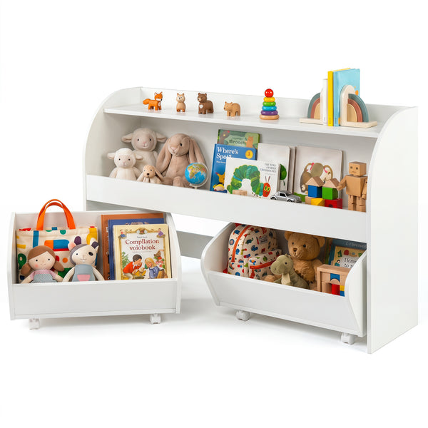 Kids Toy Storage Organizer with 2 Rolling Drawers & 3-Tier Bookshelf for Playroom