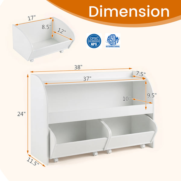 Kids Toy Storage Organizer with 2 Rolling Drawers & 3-Tier Bookshelf for Playroom