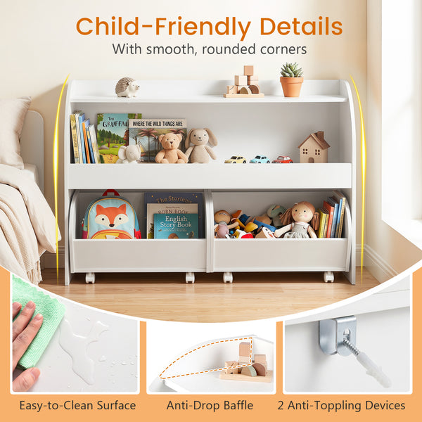 Kids Toy Storage Organizer with 2 Rolling Drawers & 3-Tier Bookshelf for Playroom