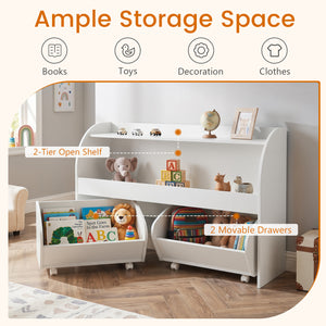 Kids Toy Storage Organizer with 2 Rolling Drawers & 3-Tier Bookshelf for Playroom