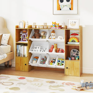 Beige kids toy storage and bookshelf with boxes and open shelves for organized playrooms.