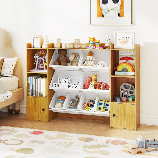 Beige kids toy storage and bookshelf with boxes and open shelves for organized playrooms.