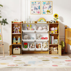 Beige kids toy storage and bookshelf with boxes and open shelves, perfect for organizing toys and books.