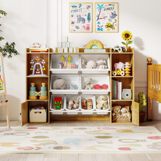Beige kids toy storage and bookshelf with boxes and open shelves, perfect for organizing toys and books.