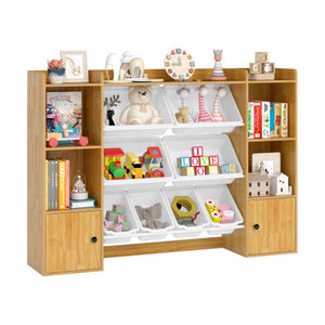 Beige kids toy storage and bookshelf with boxes and open shelves, perfect for organizing toys and books.