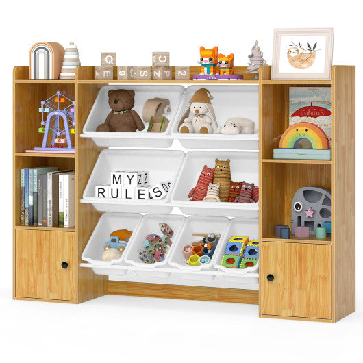 Beige kids toy storage and bookshelf with boxes and open shelves, perfect for organizing toys and books.