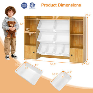 Beige kids toy storage and bookshelf with boxes and open shelves, perfect for organizing toys and books.