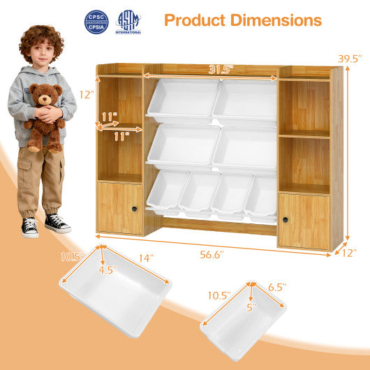 Beige kids toy storage and bookshelf with boxes and open shelves, perfect for organizing toys and books.