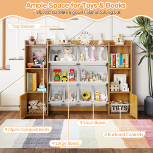 Beige kids toy storage and bookshelf with boxes and open shelves, perfect for organizing toys and books.