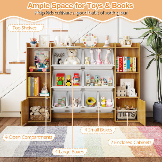 Beige kids toy storage and bookshelf with boxes and open shelves, perfect for organizing toys and books.