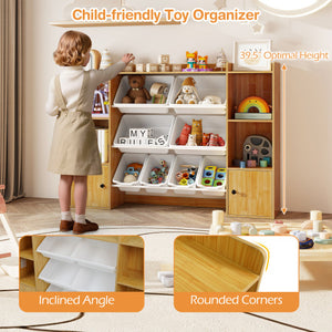 Beige kids toy storage and bookshelf with boxes and open shelves, perfect for organizing toys and books.