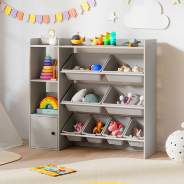 Kids Toy Storage and Bookshelf with Open Shelves and Single-door Cabinet-Gray