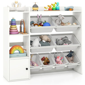 Kids toy storage and bookshelf in white with open shelves and cabinet, perfect for organizing toys and books.