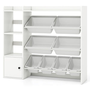 Kids toy storage and bookshelf with open shelves and cabinet, white, angled view for stylish organization.