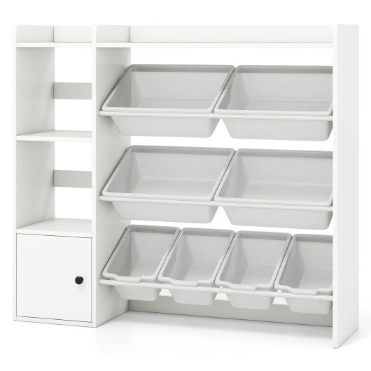 Kids toy storage and bookshelf with open shelves and cabinet, white, angled view for stylish organization.