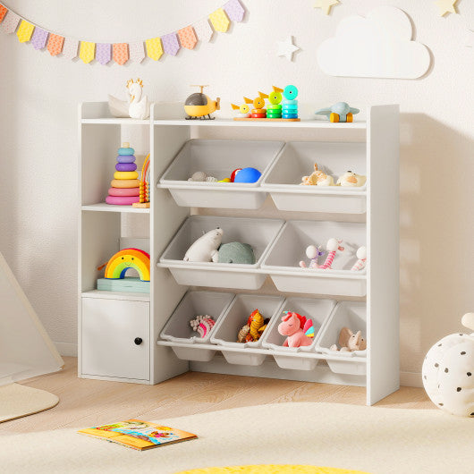 White kids toy storage and bookshelf with open shelves and single-door cabinet for organized playrooms.