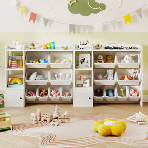 Kids toy storage and bookshelf in white with open shelves and a single-door cabinet, angled view.
