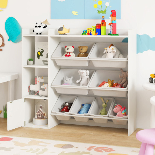 Kids Toy Storage and Bookshelf with Open Shelves and Single-door Cabinet-White