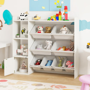 Kids toy storage and bookshelf in white with open shelves and single-door cabinet, angle view 2.