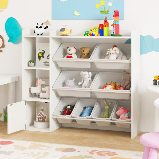 Kids toy storage and bookshelf in white with open shelves and single-door cabinet, angle view 2.