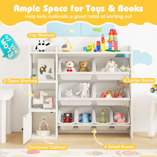 Kids toy storage and bookshelf with open shelves and cabinet, white, angled view for stylish organization.