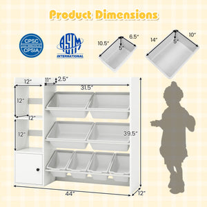 Kids toy storage and bookshelf in white with open shelves and single-door cabinet, angle view 5.