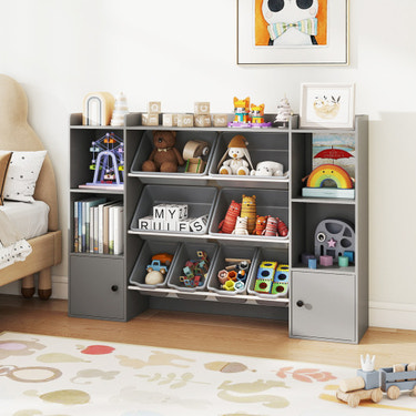 Kids Toy Storage and Bookshelf with Boxes and Open Shelves-Gray