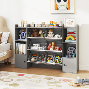 Kids toy storage and bookshelf in gray with boxes and open shelves for organized playroom and nursery.