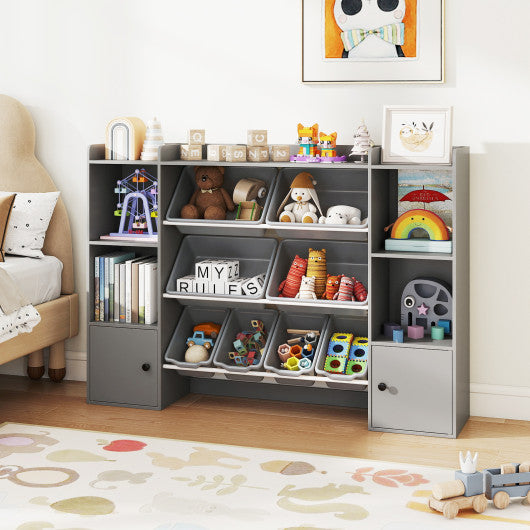 Kids toy storage and bookshelf in gray with boxes and open shelves for organized playroom and nursery.