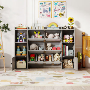 Gray kids toy storage and bookshelf with boxes and open shelves, perfect for organizing toys and books. Angle 2 view.
