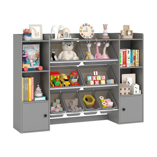 Kids toy storage and bookshelf in gray with boxes and open shelves, perfect for organizing children's toys and books.