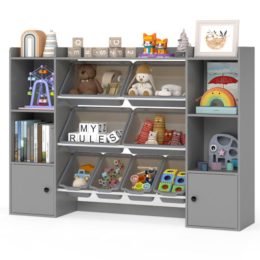 Gray kids toy storage and bookshelf with boxes and open shelves, perfect for organizing toys and books. Angle 4 view.