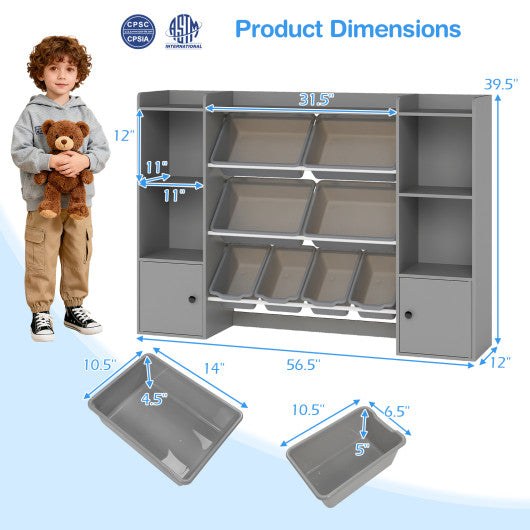 Gray kids toy storage and bookshelf with boxes and open shelves, perfect for organizing toys and books.