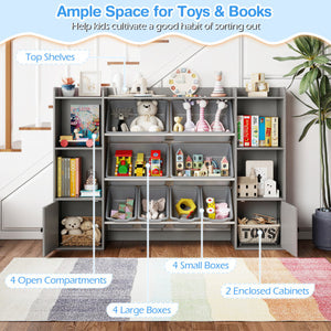 Gray kids toy storage and bookshelf with boxes and open shelves, perfect for organizing toys and books.