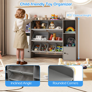 Gray kids toy storage and bookshelf with boxes and open shelves, perfect for organizing toys and books.